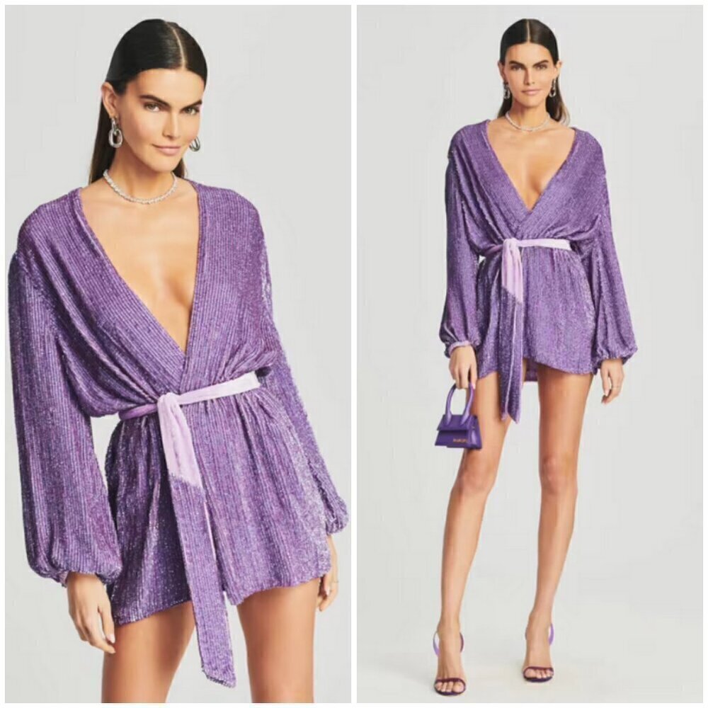 💕RETROFETE💕 Gabrielle Sequin Robe Mini Wrap Dress ~ Violet Small S NWT